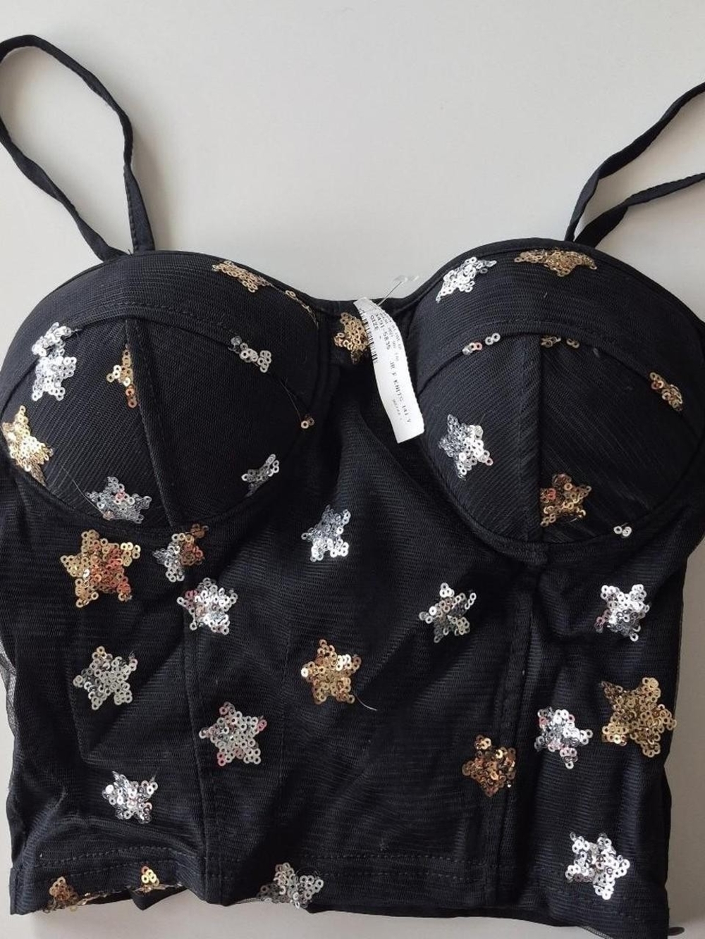 Black Sequin Star Bustier Crop Top - Women